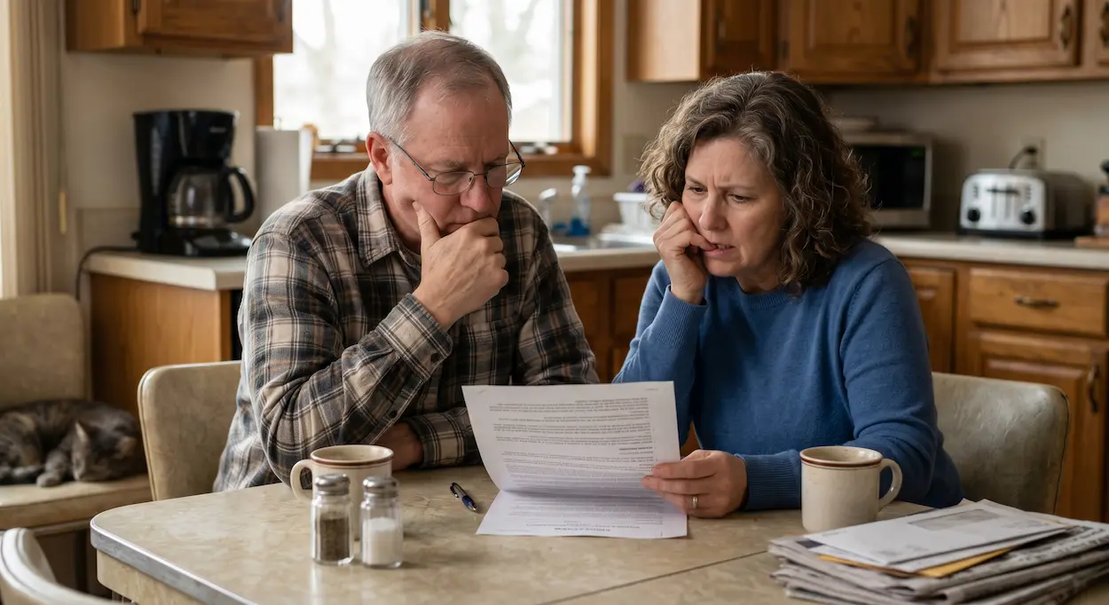 a couple reading a documinent, thinking how to avoid probate