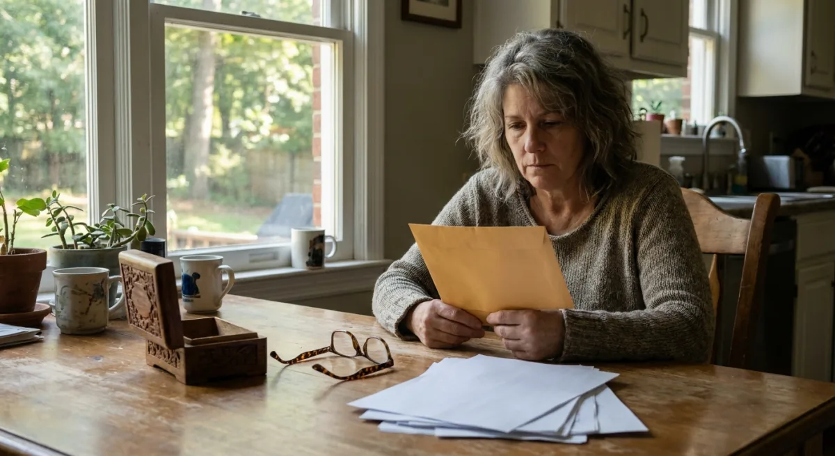 A woman sitting at a kitchen table holding a manila envelope, with a stack of papers, reading glasses and a wooden keepsake box in front of her